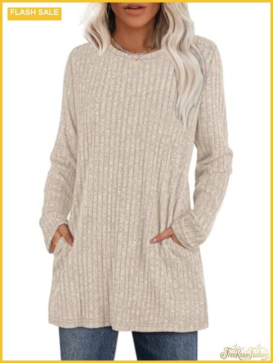Tops - Womens Long Sleeve Tunic Top Crewneck Loose Fit Sweater with Pockets